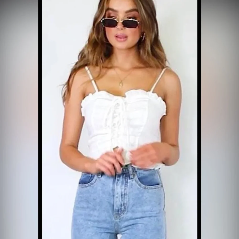 Princess Polly Daphne Linen Spaghetti Strap Ruffle Crop Top in US Size 10